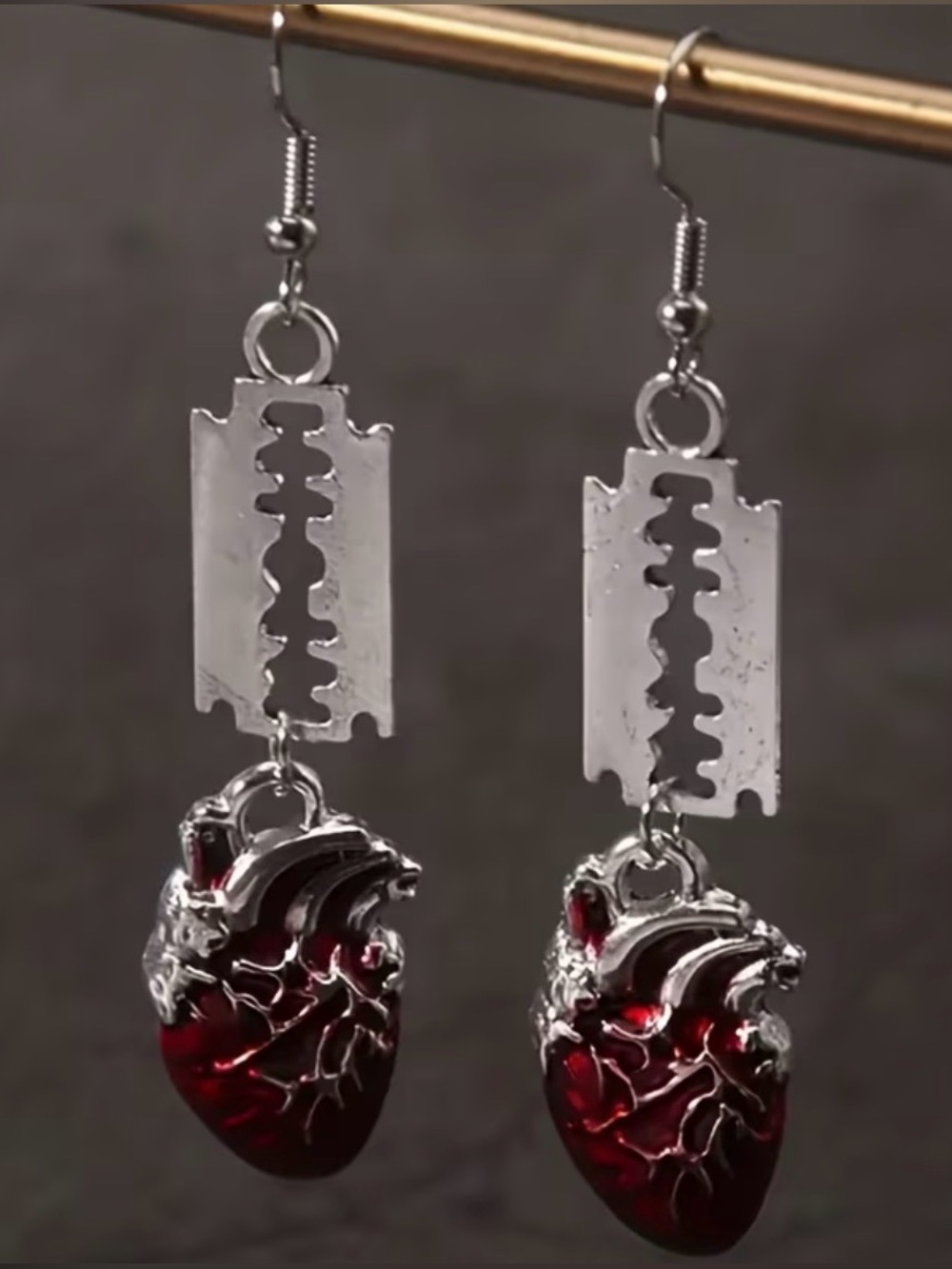 Silver Razor Blade Earrings with Red Anatomical Heart Drops